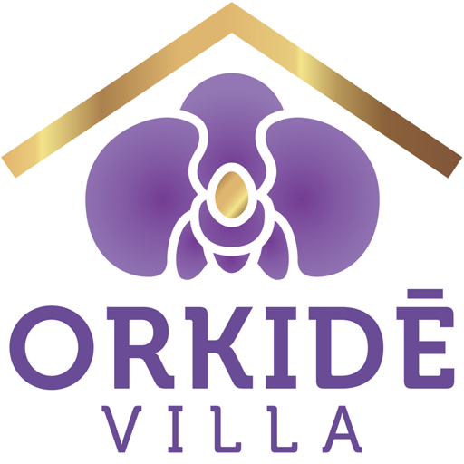 Logo of "orkide villa" featuring a stylized purple orchid above the brand name, with a gold roofline above the flower.