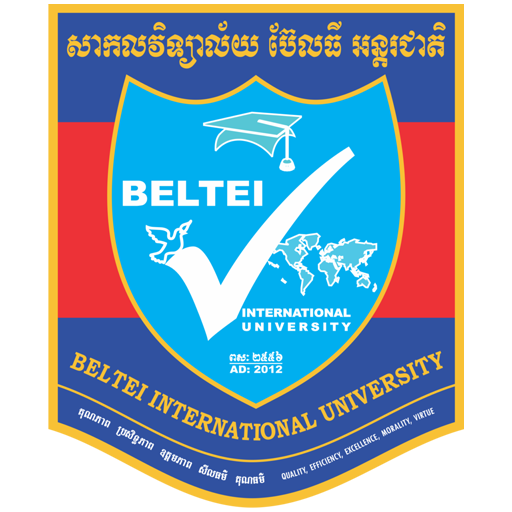 Logo of beltei international university featuring a blue shield with a graduation cap, a check mark, and a world map, encircled by khmer and english text.