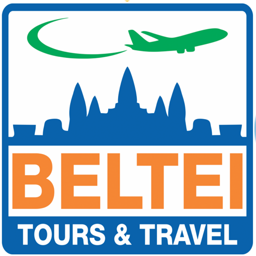 Logo of beltei tours & travel featuring a green airplane flying over stylized city skyline, with text in blue and orange.