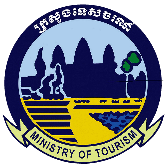 Logo of the ministry of tourism featuring an illustration of angkor wat, a tree, and a river, encircled by khmer script and the english name at the bottom.