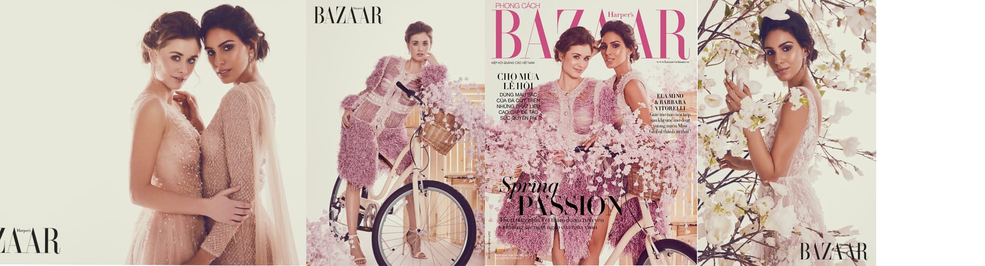 Four magazine covers featuring a woman in elegant dresses with floral and pastel themes, each titled "bazaar," emphasizing spring fashion.