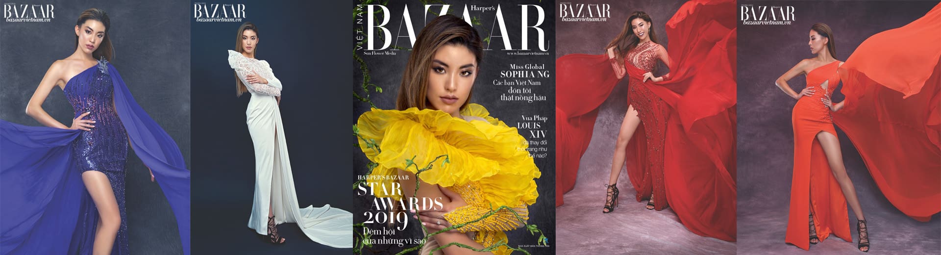 Five fashion magazine covers featuring diverse women in elegant dresses, each posing dramatically against simple backgrounds.