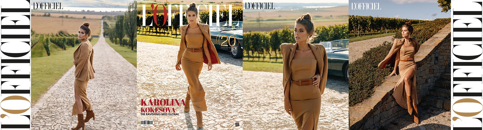 Fashion magazine cover spread featuring a woman in a chic beige outfit walking confidently on a cobblestone path with scenic vineyard and hills in the background.