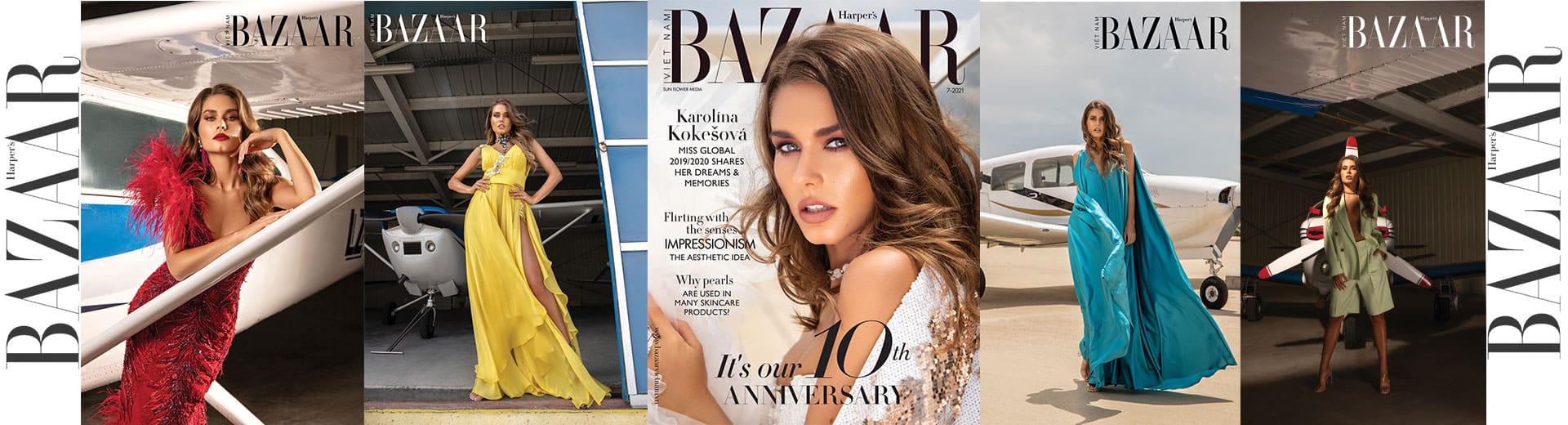 Five magazine covers of harper's bazaar featuring a woman in various elegant outfits posing near and inside a private jet.