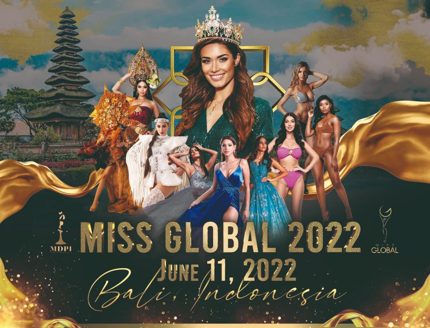 Promotional poster for miss global 2022 event in bali, indonesia, featuring multiple female contestants in various outfits with a scenic backdrop.