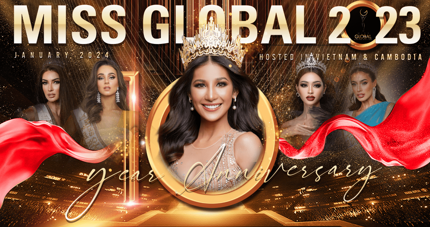 Promotional poster for miss global 2023 pageant featuring images of four women and event details, with a red and gold color theme.