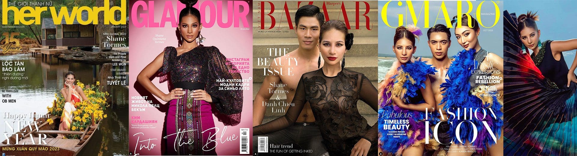 Five magazine covers featuring diverse women in fashionable outfits, accompanied by headlines highlighting beauty, fashion, and exclusive interviews.