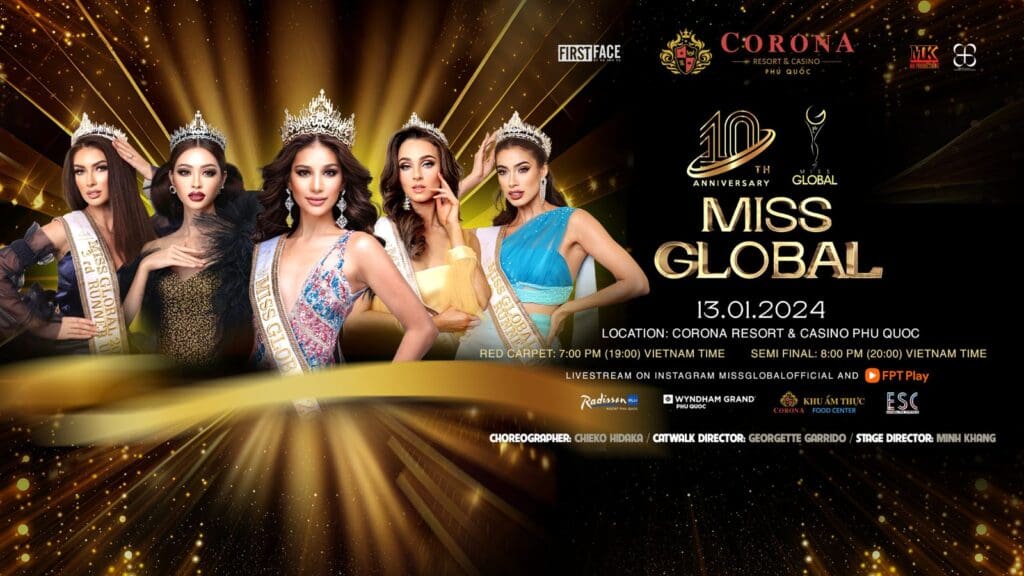Promotional banner for the 10th anniversary miss global event, featuring five crowned beauty pageant winners against a golden, starry background.